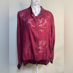 Kate & Mallory bomber shirt‎ jacket, berry floral, burnout mesh, lightweight